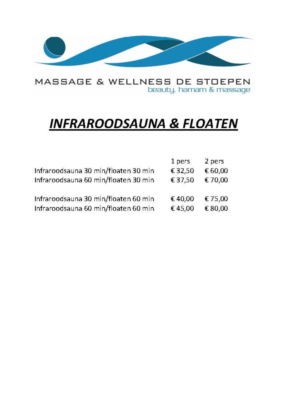 Tarieven Infraroodsauna en floaten