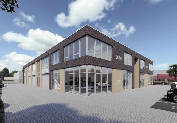 Visualisatie zijaanzicht bedrijfsunit met twee lagen in bedrijfsverzamelgebouw in Arnhem