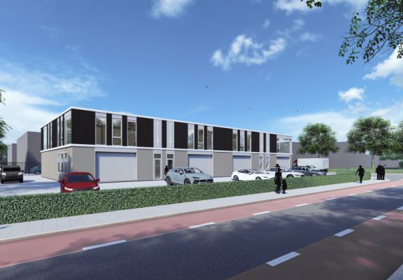 Zijaanzicht bedrijfsunits. Onderdeel van bedrijfsverzamelgebouw