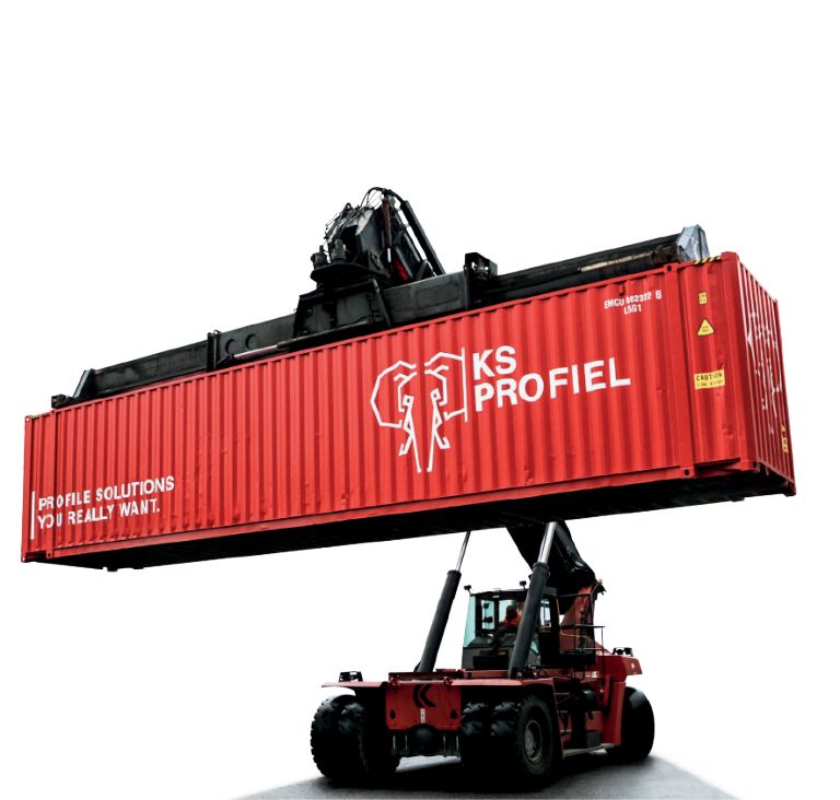 Heftruuk tilt een container van KS-profiel op